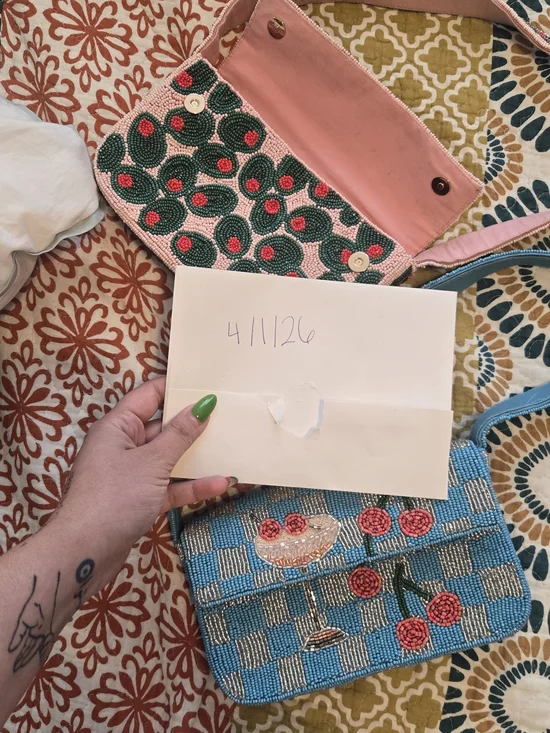 Anthropologie Blue Beaded Cherry Appliqué Shoulder Bag - Picture 5 of 6